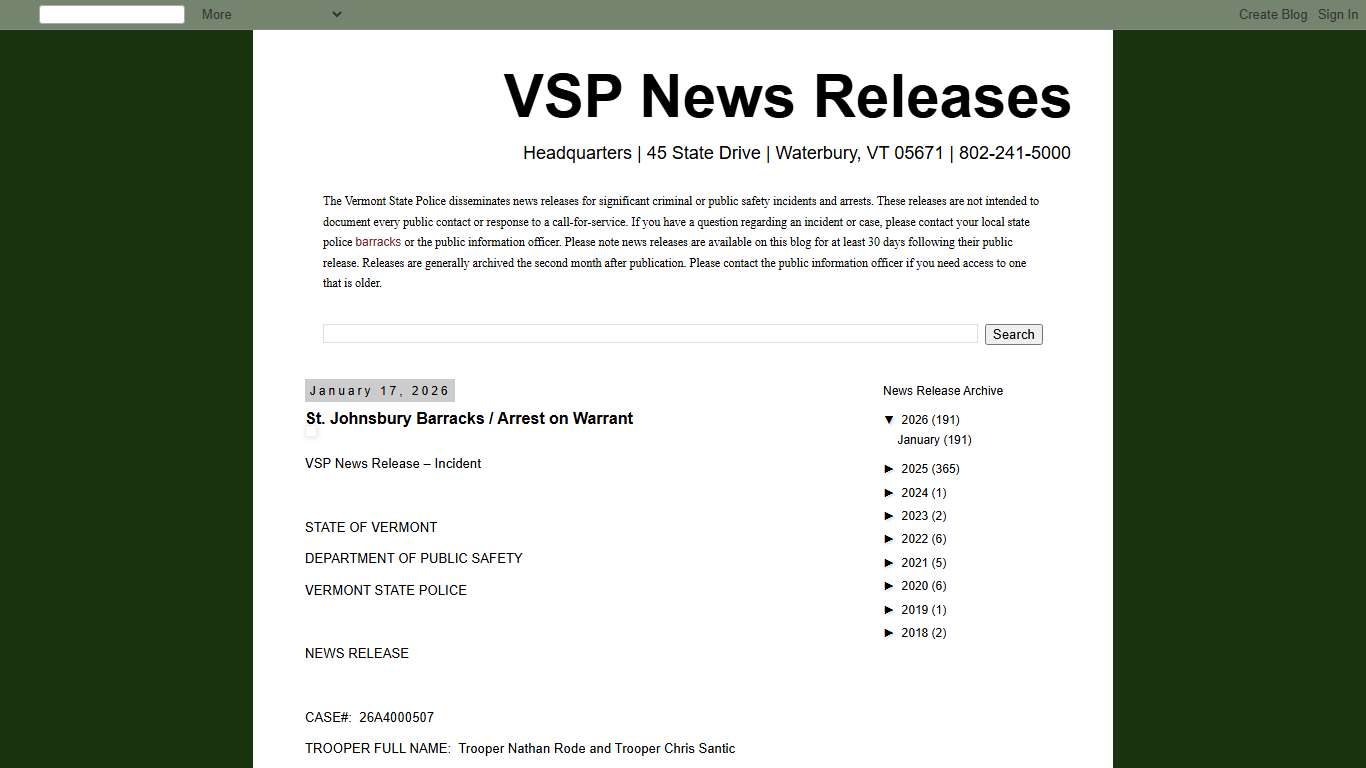 VSP News Releases: St. Johnsbury Barracks / Arrest on Warrant