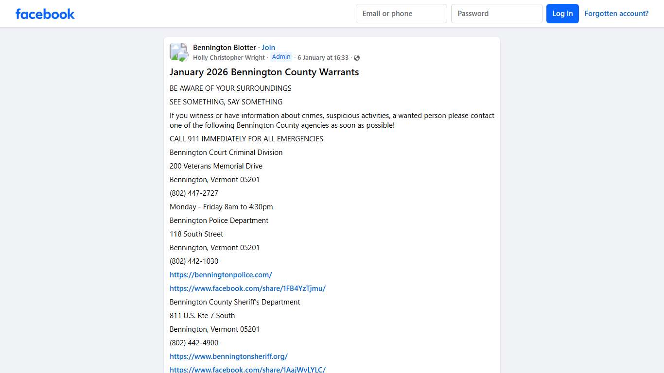 Bennington Blotter | January 2026 Bennington County Warrants | Facebook