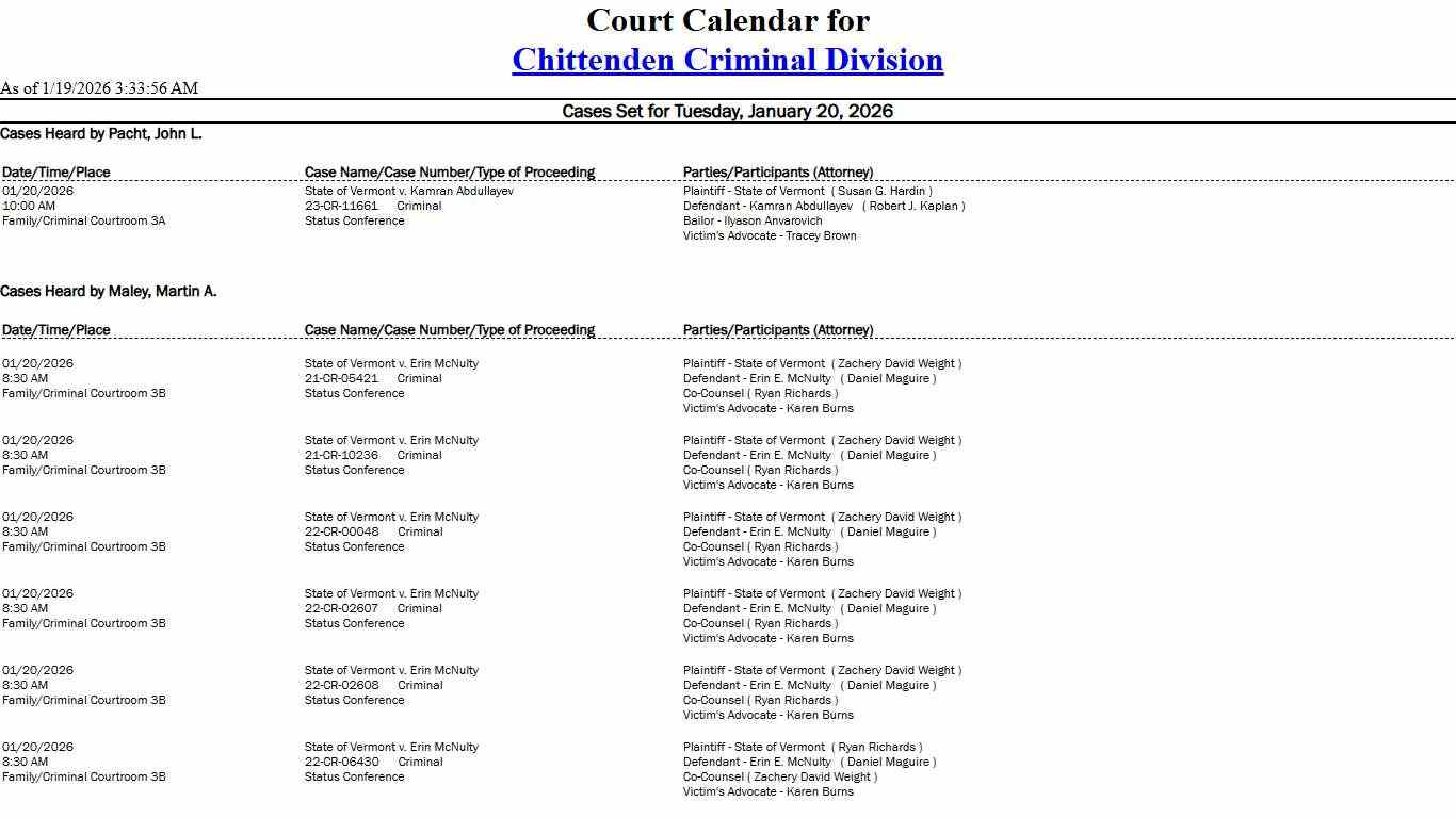 Chittenden Criminal Division Calendar