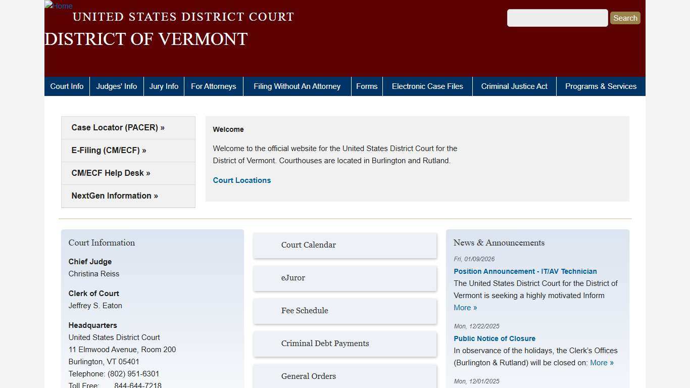 DISTRICT OF VERMONT | United States District Court