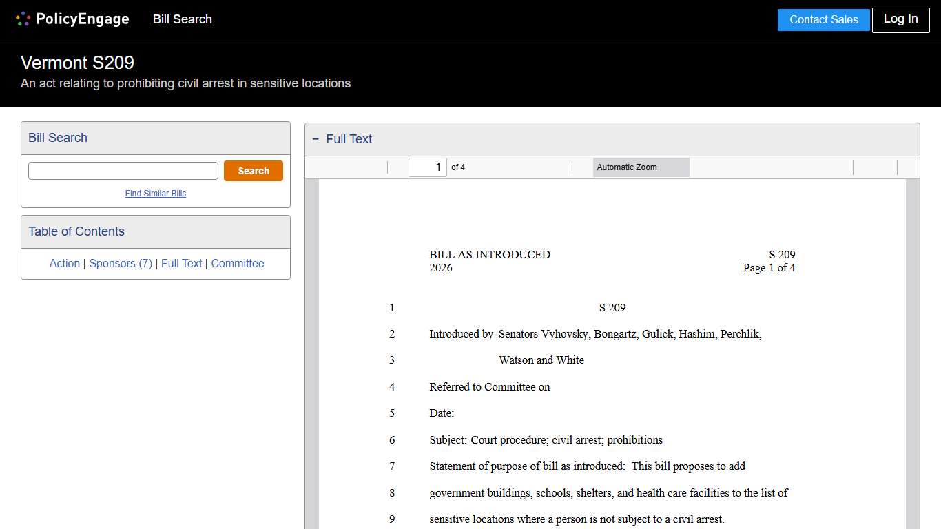 S209 | Vermont 2025-2026 | An act relating to prohibiting civil arrest in sensitive locations - Legislative Tracking | PolicyEngage
