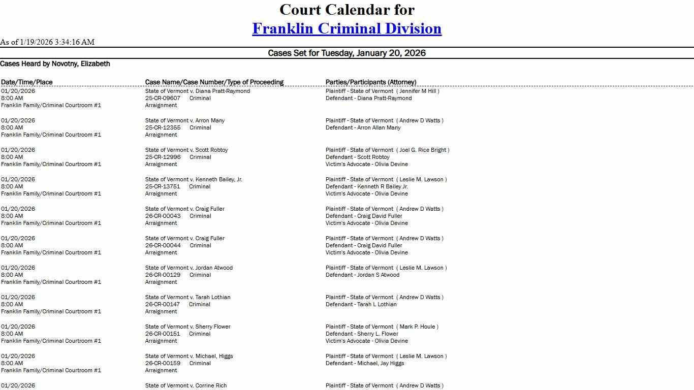 Franklin Criminal Division Calendar